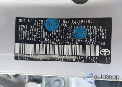 2022 Toyota Corolla Le z USA, uszkodzony, nr VIN 5YFEPMAE4NP292736